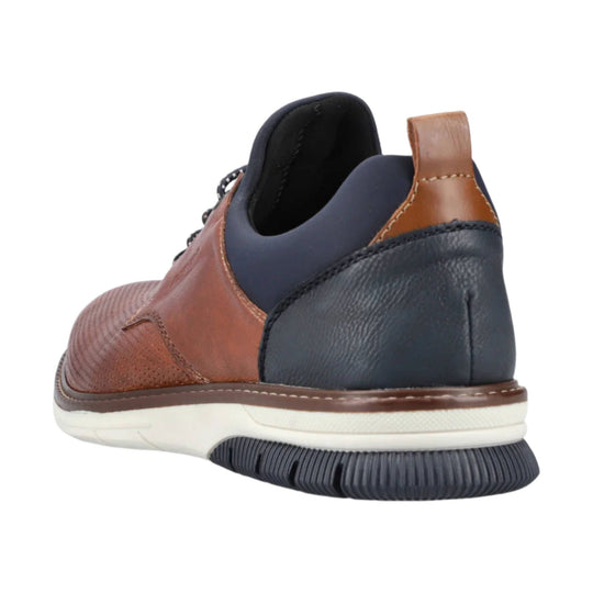 Brown and navy casual shoe shown from the back, with a pull tab, cushioned collar, and white sole