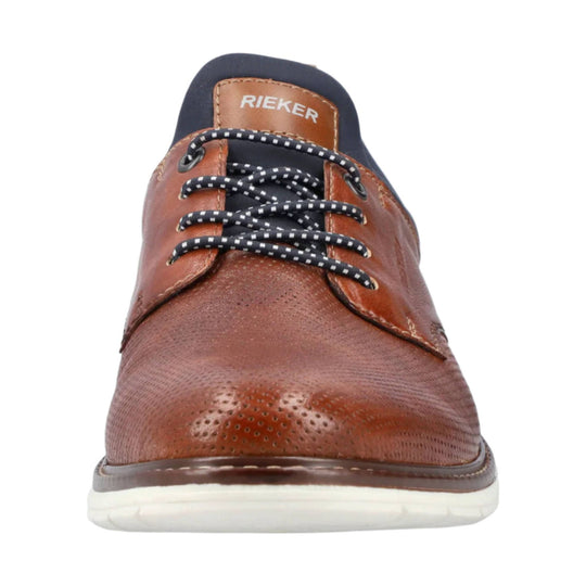 Brown lace-up leather oxford shoe with perforated toe and white sole