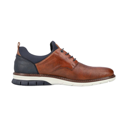Brown and navy casual lace-up shoe with perforated leather and white sole, side view