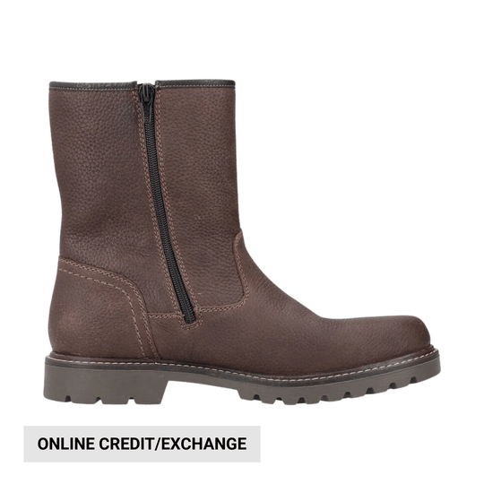 Brown mid-calf leather boot with side zipper and lug sole