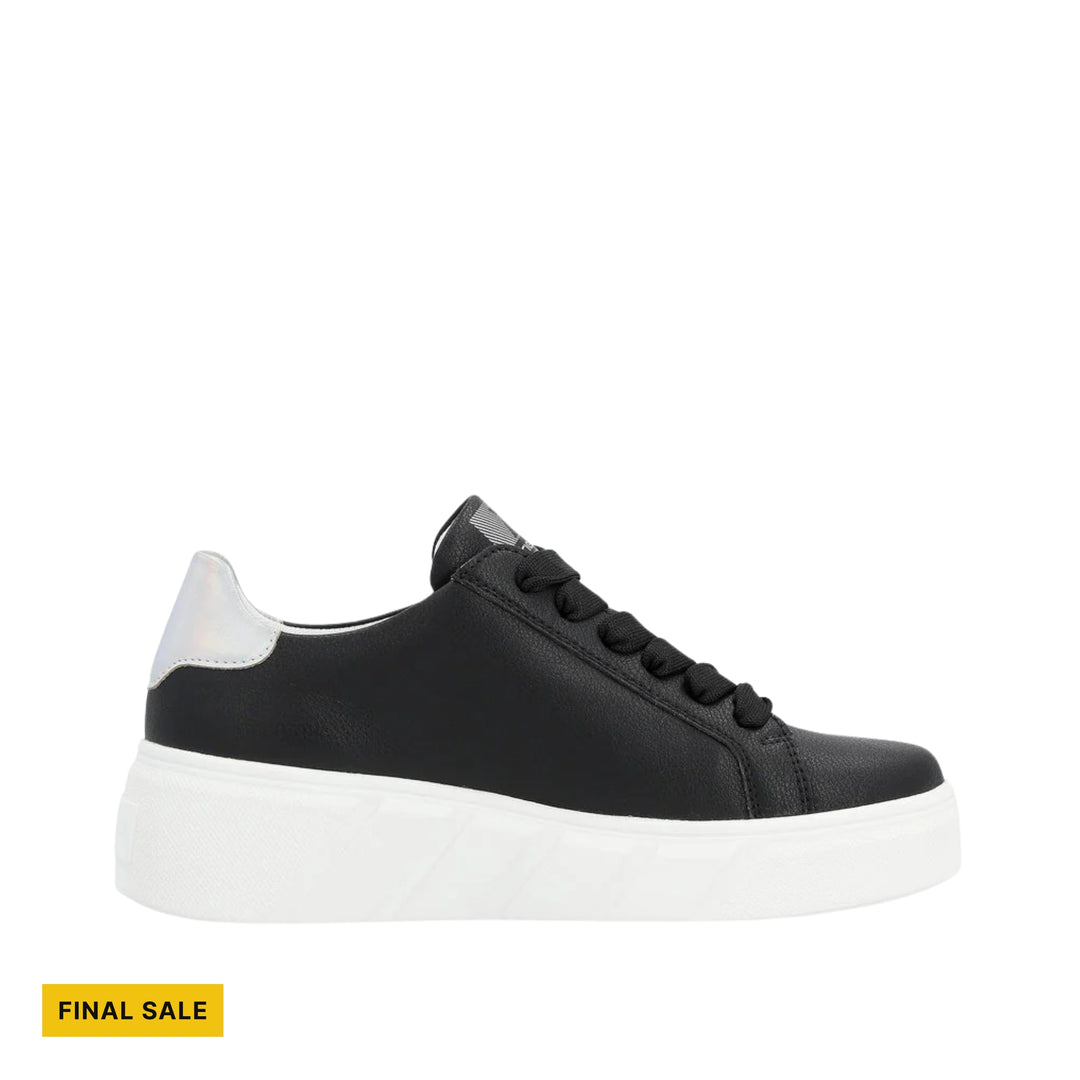 Black platform sneaker with white sole and metallic heel tab, shown in side view, with FINAL SALE label