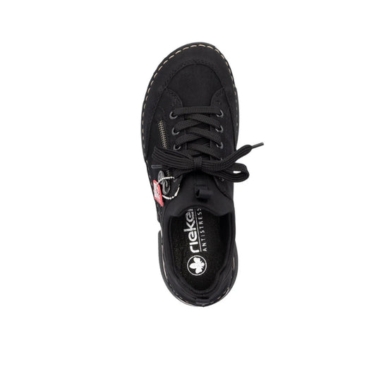 Black low-top lace-up shoe with side zipper and visible stitching
