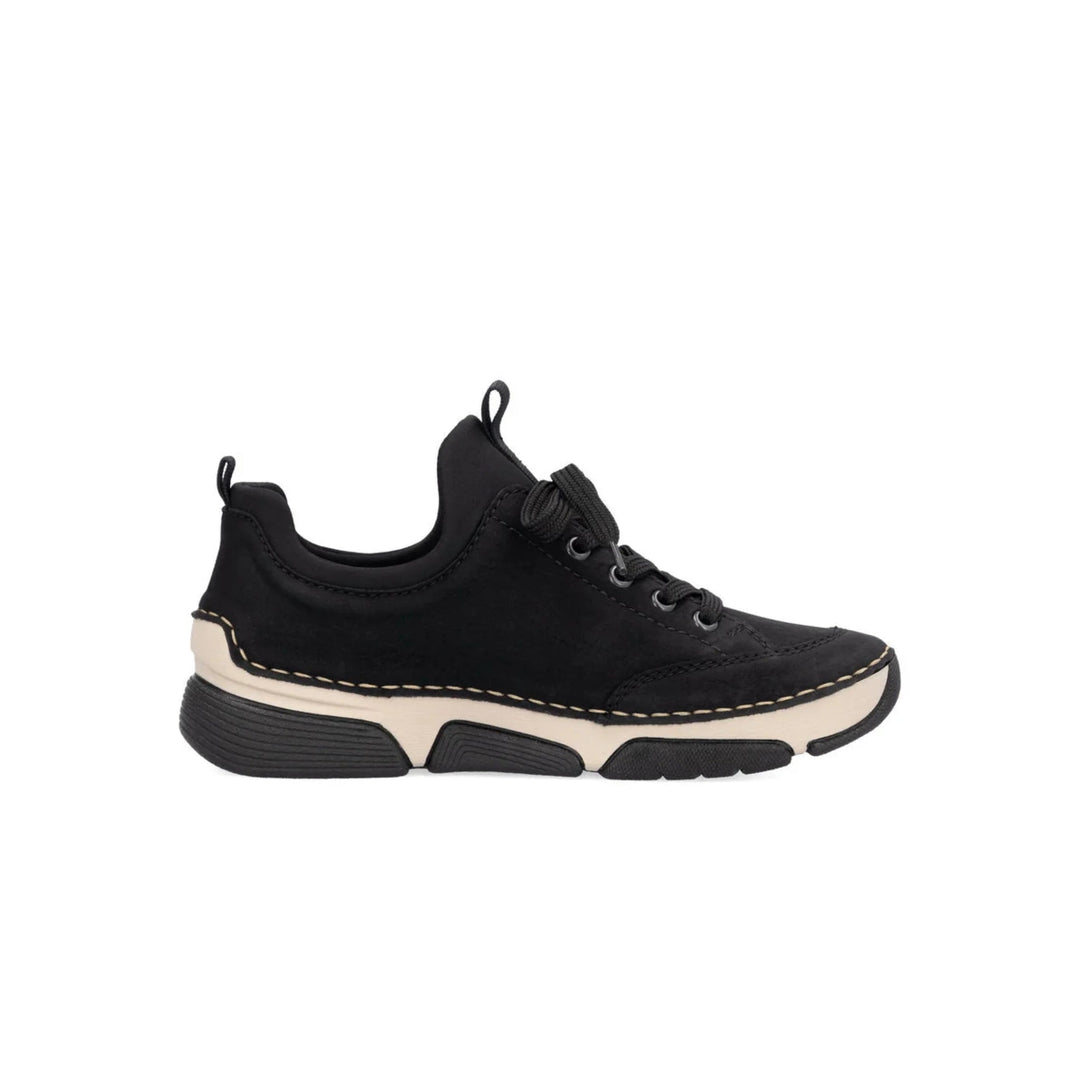 Black low-top sneaker with bungee laces, cream midsole, and chunky black sole