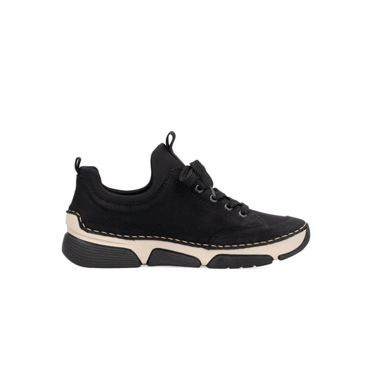 Black low-top sneaker with bungee laces, cream midsole, and chunky black sole