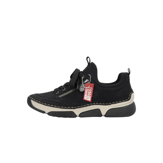Black lace-up slip-on sneaker with side zipper, cream midsole, and white stitching