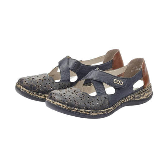 Pair of navy and brown closed-toe leather sandals with cutout details and low wedges
