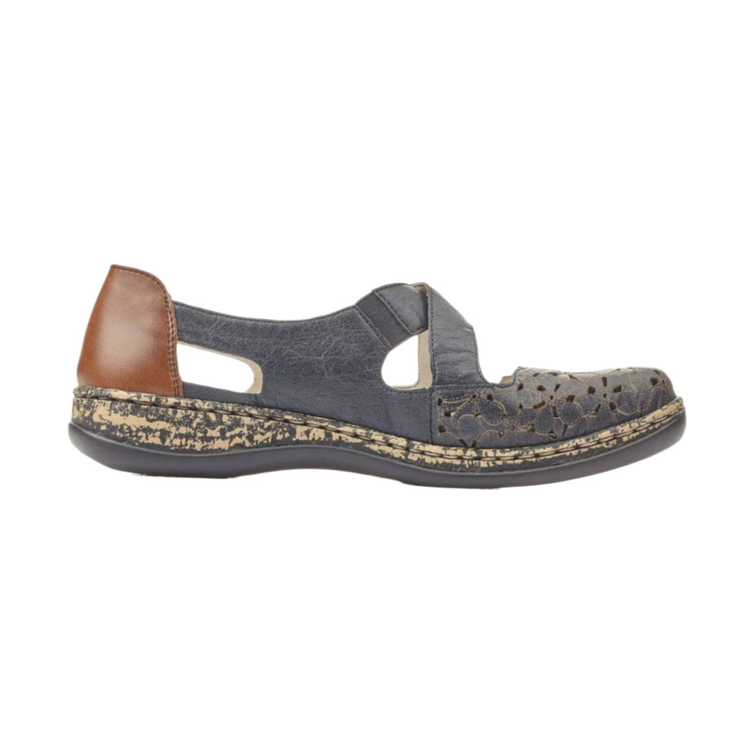 Blue-gray open-toe sandal with side cutouts, brown heel panel, and speckled sole