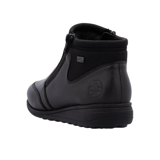 Black ankle boot with side zipper, padded collar, and textured sole
