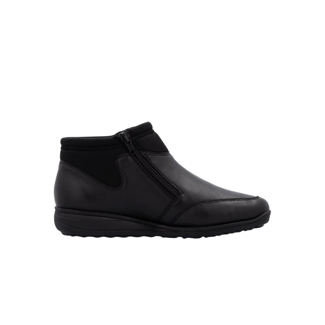 Black ankle boot with a side zipper and rounded toe