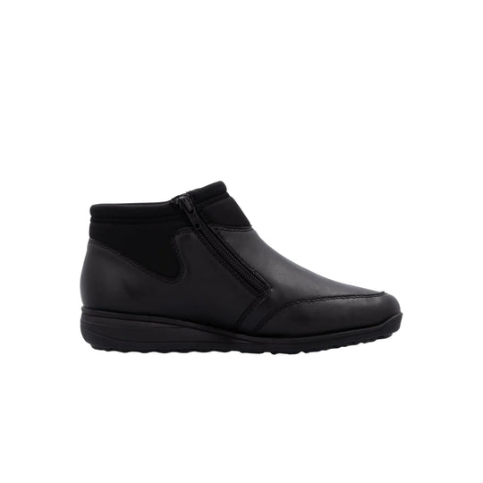 Black ankle boot with a side zipper and rounded toe