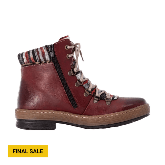 Burgundy lace-up ankle boot with side zipper, striped knit collar, and lug sole