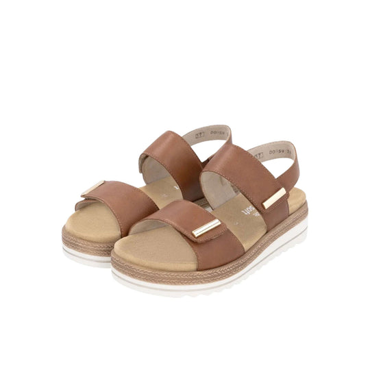 Brown double-strap platform sandals with tan footbeds and white soles