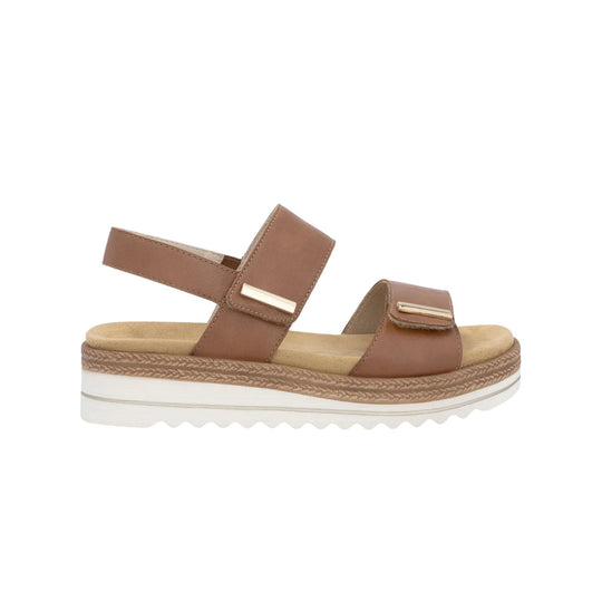 Brown strappy platform sandal with white sole and gold buckle accents