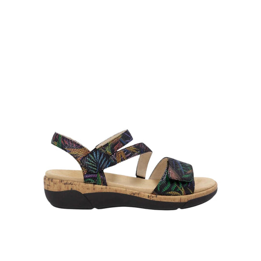 Multicolor patterned wedge sandal with cork midsole and black outsole