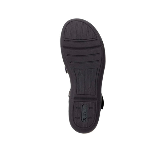 Black sandal outsole with tread patterns and a visible remonte logo
