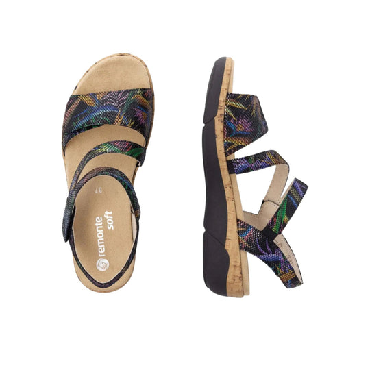 Black and multicolor strappy sandal with cork-look sole, shown from top and side views