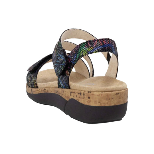 Black multi-strap wedge sandal with rainbow iridescent straps and cork-look platform sole