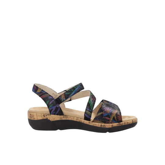 Multicolor strappy wedge sandal with cork-textured midsole and black outsole