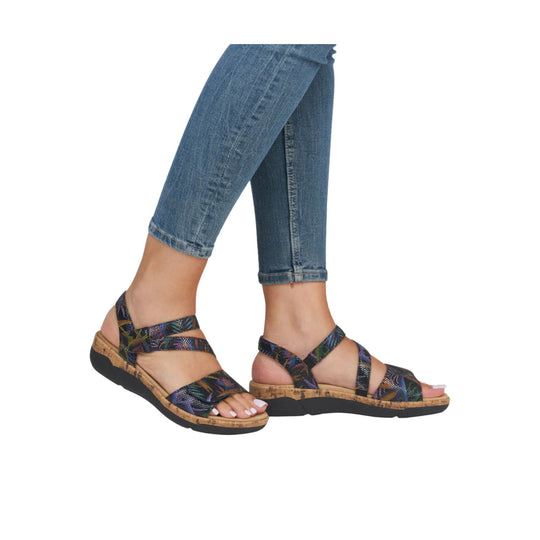 Multi-color strappy sandal with cork-look platform sole