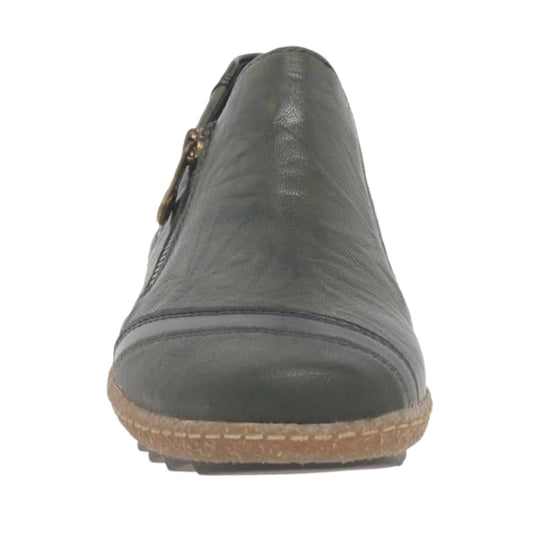 Dark gray slip-on shoe with a side zipper, round toe, and tan textured sole