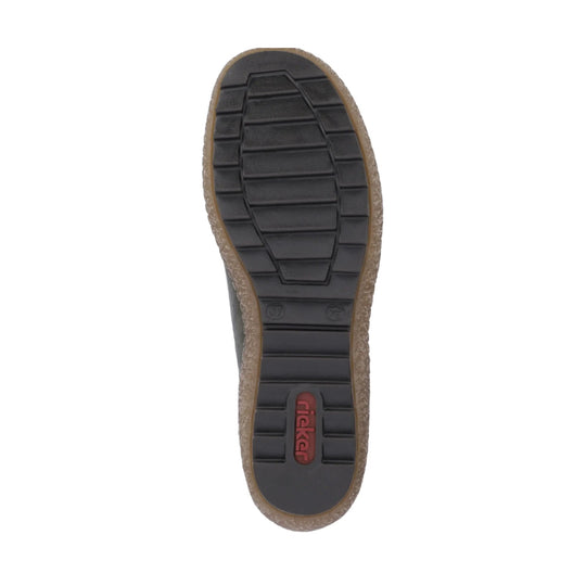 Black shoe sole with brown textured edge and red Rieker logo
