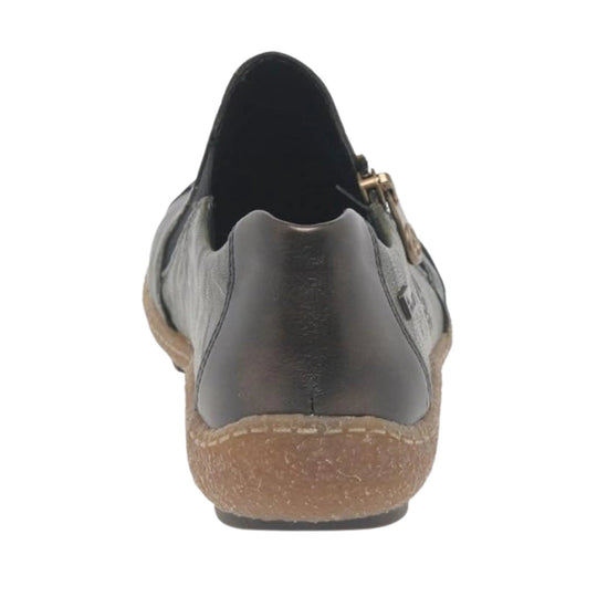 Rear view of a dark slip-on shoe with a tan textured sole and side zipper detail