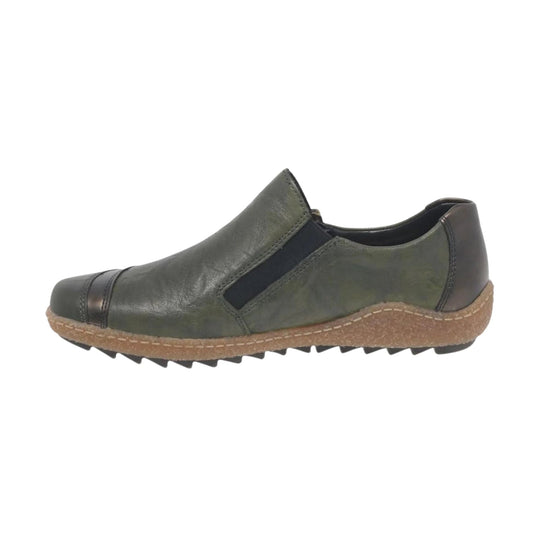Dark green leather slip-on shoe with a black side elastic panel, rounded toe, and tan textured sole