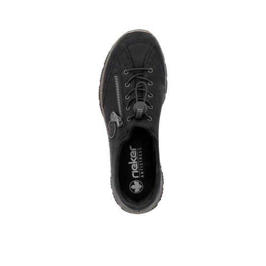 Black lace-up shoe with side zipper and toggle closure, shown from above