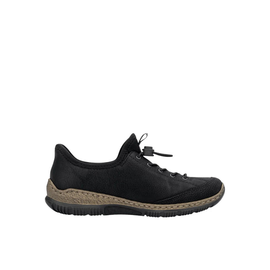 Black low-top lace-up sneaker with textured upper, tan stitched midsole, and thick black sole