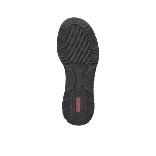 Black rubber outsole with textured tread and small red brand insert