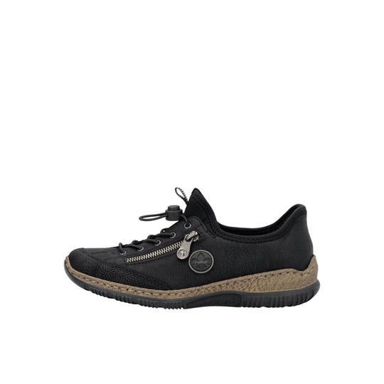 Black low-top sneaker with zipper detail, bungee lace toggle, and tan speckled sole