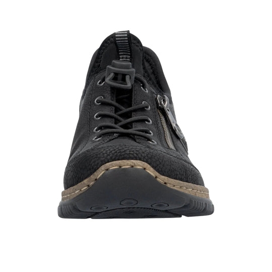 Black lace-up ankle boot with side zipper and chunky treaded sole