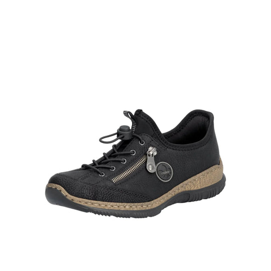 Black lace-up sneaker with side zipper, textured sole, and round logo tag