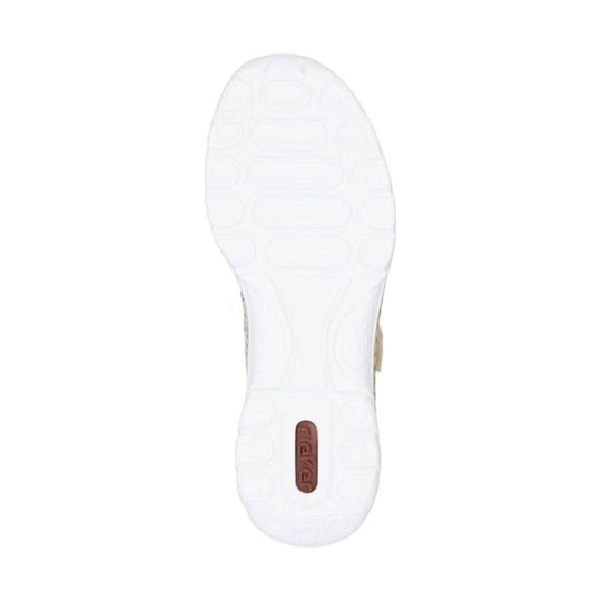 White shoe outsole with textured tread and a small brown Rieker logo patch