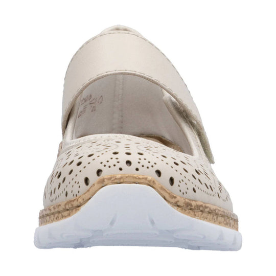 Cream closed-toe Mary Jane shoe with cutout perforations and a translucent outsole, front view