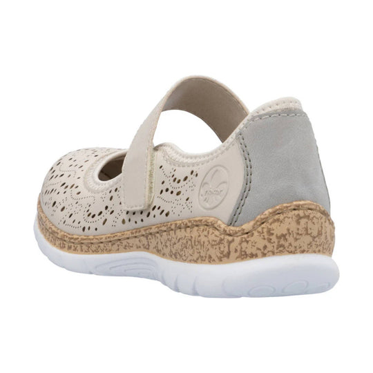 Cream Mary Jane-style shoe with perforated upper, Velcro strap, and tan cork-look sole