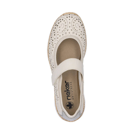 White Mary Jane-style flat shoe with perforated pattern and a wide strap