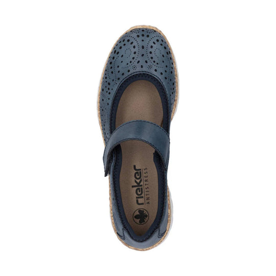 Navy mary jane flat with perforated toe, strap across the instep, and rope-style sole