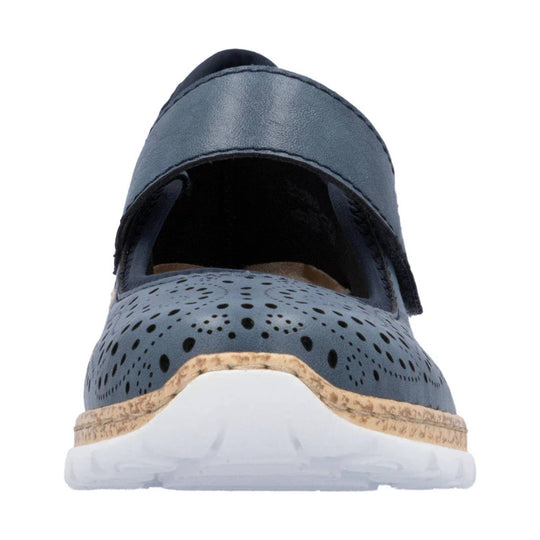 Blue slip-on shoe with perforated toe, open vamp, and thick white sole