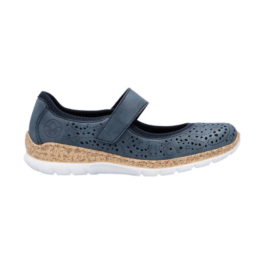 Blue perforated mary jane shoe with a wide strap, cork-textured midsole, and white sole