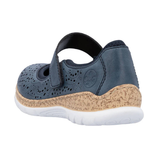Navy toddler shoe with cutout pattern, side strap, tan speckled sole, and white outsole