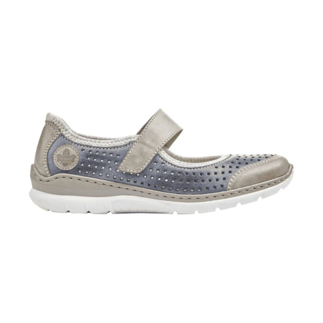 Blue-gray Mary Jane shoe with perforated sides, beige trim, and a white sole