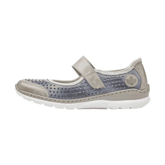 Perforated blue-gray Mary Jane shoe with beige trim, velcro strap, and white sole