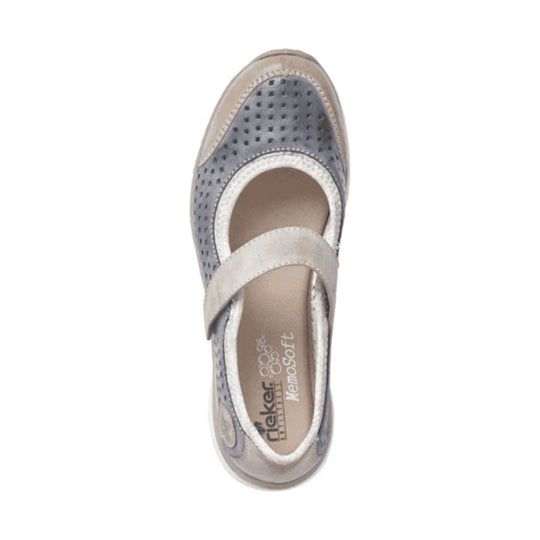 Gray Mary Jane flat with perforated upper, cream trim, and crisscross strap