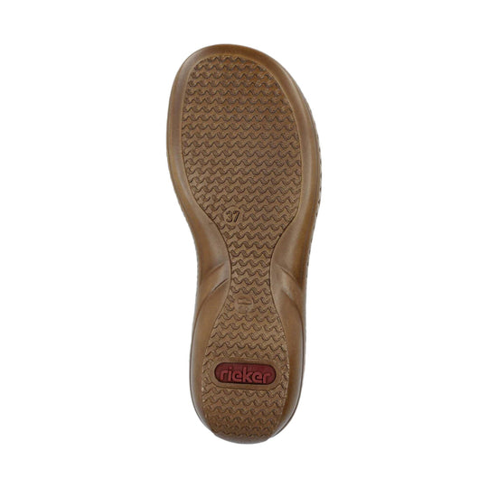 Brown shoe outsole with wavy tread and visible "rieker" logo