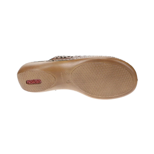Tan sandal sole with honeycomb tread and red Rieker logo
