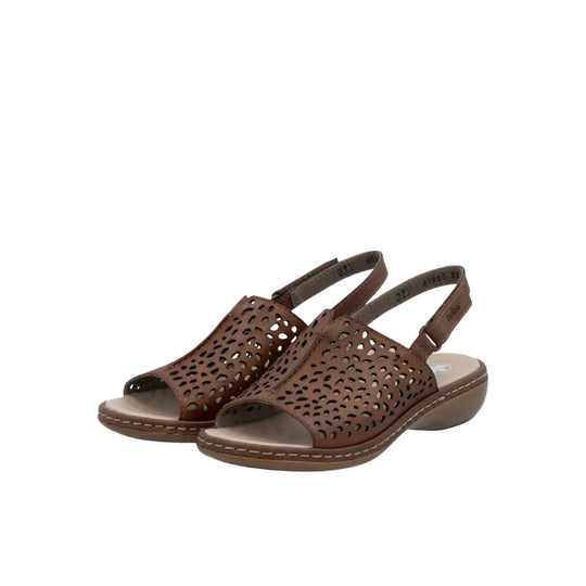 Brown open-toe slingback sandals with laser-cut upper and low wedge heel
