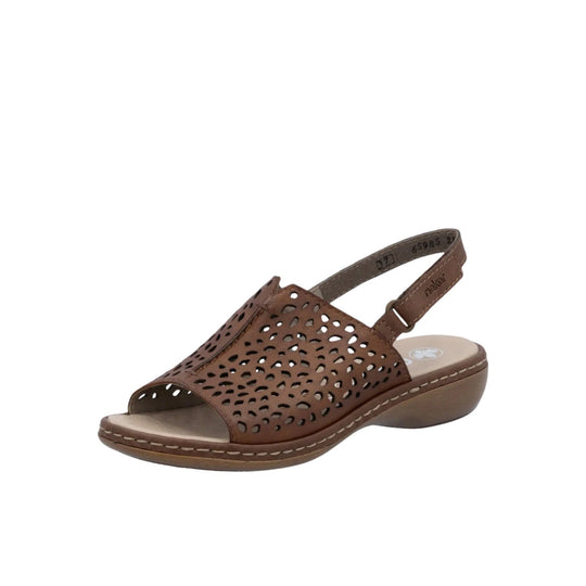 Brown perforated slingback sandal with cutout upper and wedge heel