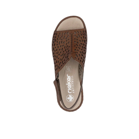 Brown perforated slingback sandal with peep toe and cutout upper, top view