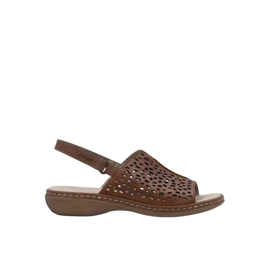 Brown closed-toe sandal with perforated upper, slingback strap, and low wedge heel